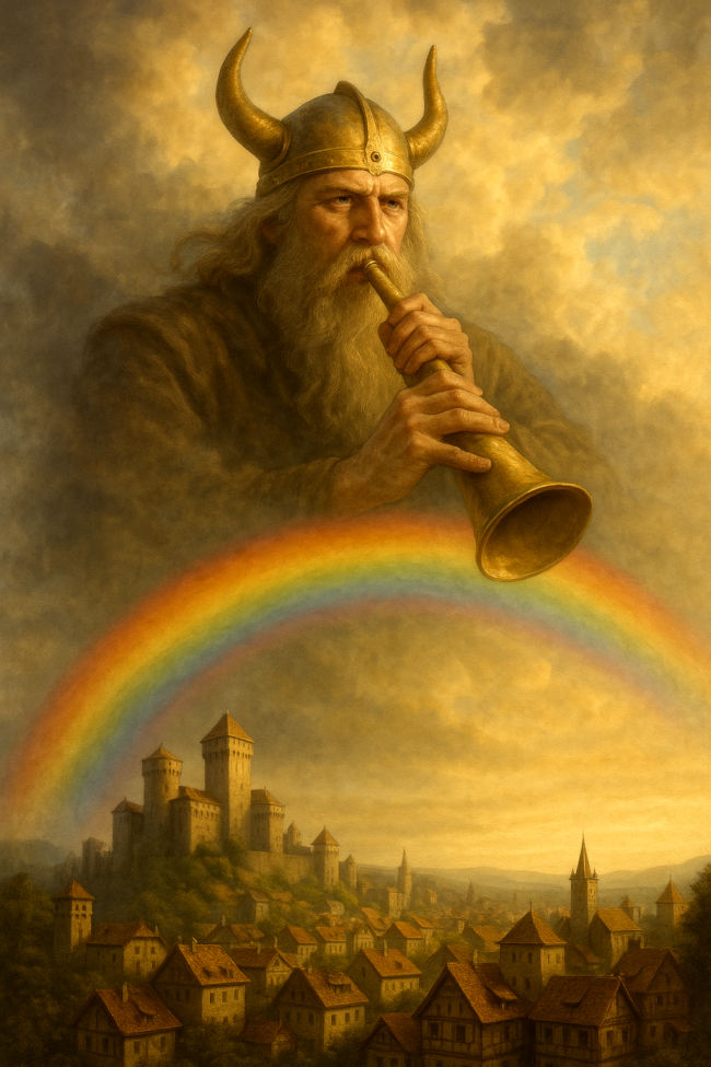 Heimdall mit seiner Trompete Giallarhorn �ber Bifr�st als Regenbogenbr�cke