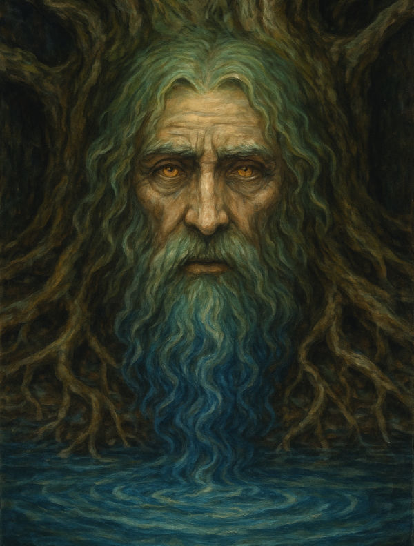 Kopf Mimirs an der Wurzel von Yggdrasil