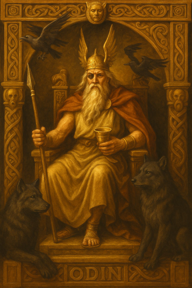 Odin auf dem G�tterthron mit den Raben Hugin und Munin sowie den W�lfen Geri und Freki